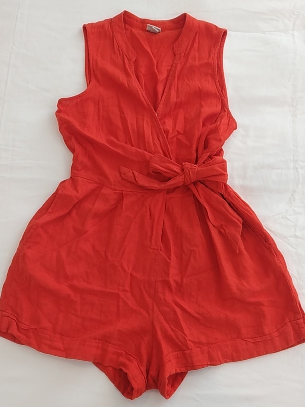 a new day Linen Blend Bright Coral Red Romper Jumpsuit Small Beach Cottagecore